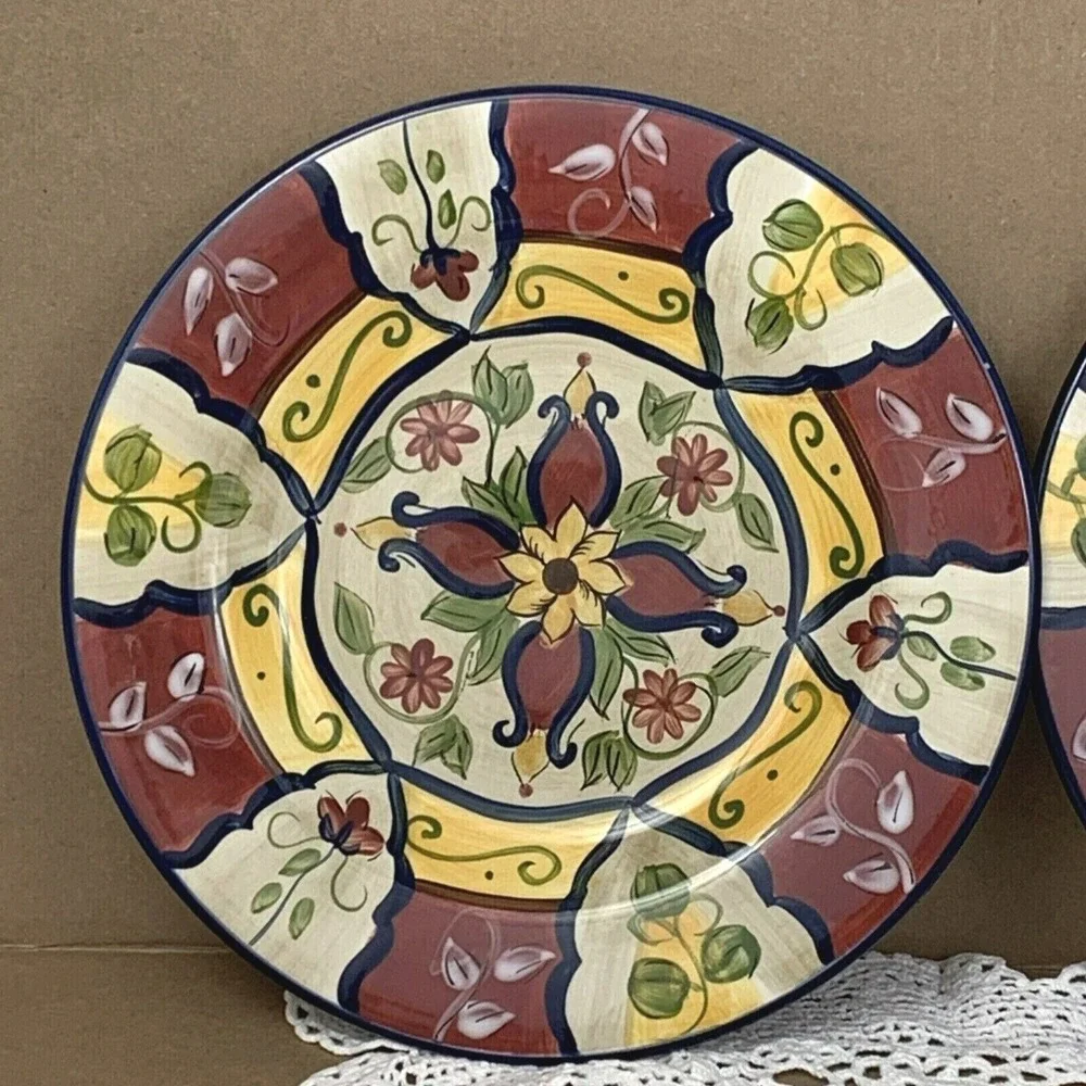 Pier 1 Vallarta Salad Bread Plates Handpainted Earthenware Floral Boho Set/2